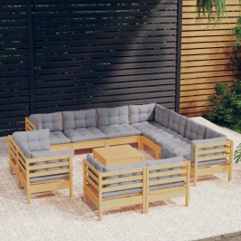 Juego de muebles de jardín 12 pzas y cojines madera maciza pino