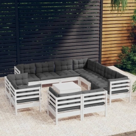 Muebles de jardín 12 pzas con cojines blanco madera maciza pino