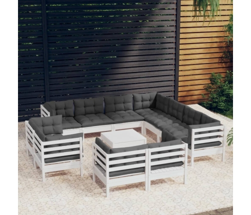 Muebles de jardín 12 pzas con cojines blanco madera maciza pino