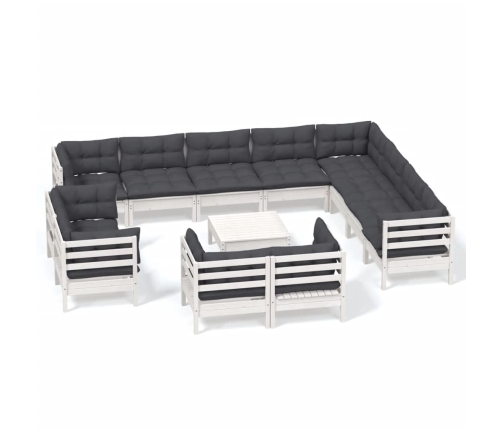Muebles de jardín 13 pzas y cojines blanco madera maciza pino
