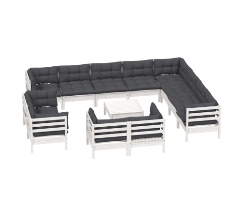 Muebles de jardín 13 pzas y cojines blanco madera maciza pino