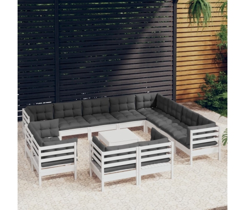 Muebles de jardín 13 pzas y cojines blanco madera maciza pino