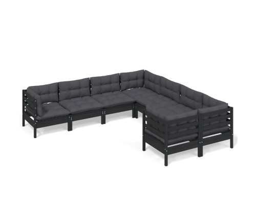 Muebles de jardín 8 pzas y cojines negro madera maciza de pino