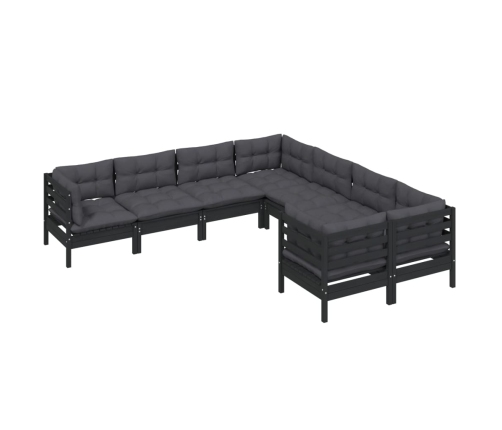 Muebles de jardín 8 pzas y cojines negro madera maciza de pino