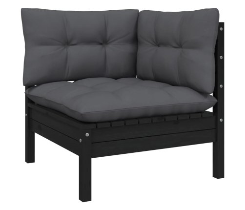 Muebles de jardín 8 pzas y cojines negro madera maciza de pino