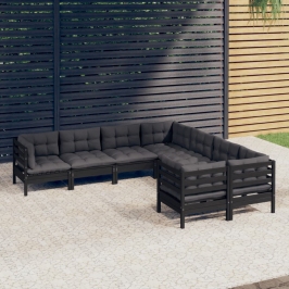Muebles de jardín 8 pzas y cojines negro madera maciza de pino