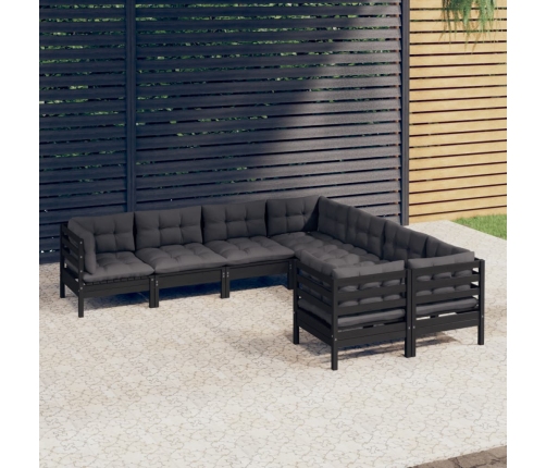 Muebles de jardín 8 pzas y cojines negro madera maciza de pino