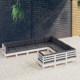 Muebles de jardín 10 pzas y cojines blanco madera de pino