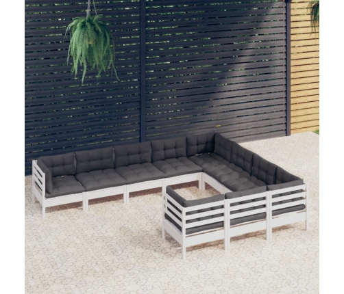 Muebles de jardín 10 pzas y cojines blanco madera de pino