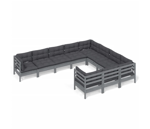 Muebles de jardín 10 pzas y cojines madera de pino gris