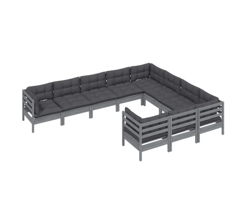 Muebles de jardín 10 pzas y cojines madera de pino gris