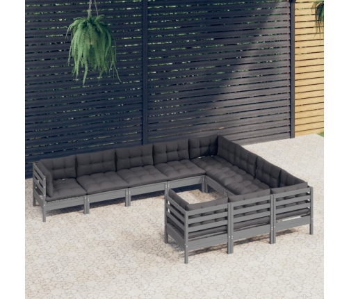 Muebles de jardín 10 pzas y cojines madera de pino gris
