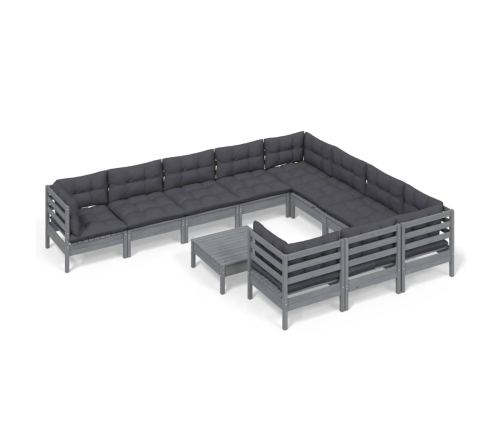 Muebles de jardín 11 pzas y cojines gris madera de pino