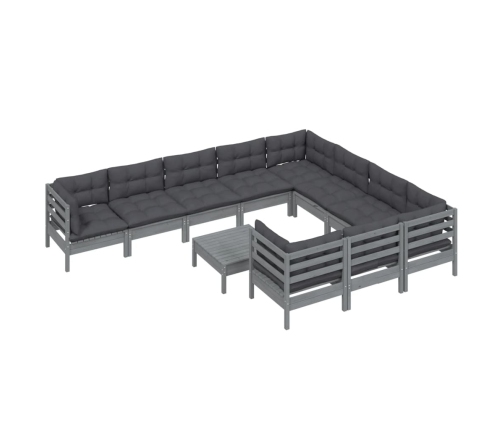 Muebles de jardín 11 pzas y cojines gris madera de pino