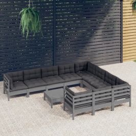 Muebles de jardín 11 pzas y cojines gris madera de pino