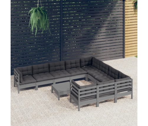 Muebles de jardín 11 pzas y cojines gris madera de pino