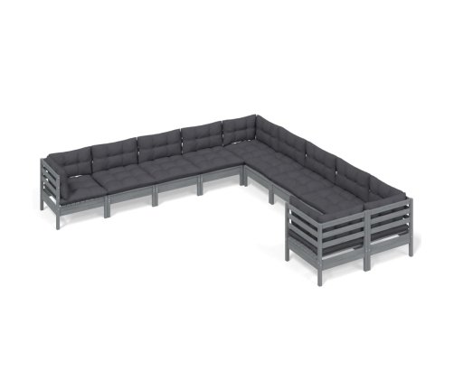 Muebles de jardín 10 pzas y cojines madera de pino gris