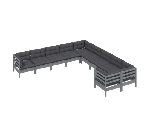 Muebles de jardín 10 pzas y cojines madera de pino gris
