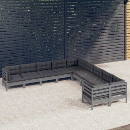 Muebles de jardín 10 pzas y cojines madera de pino gris