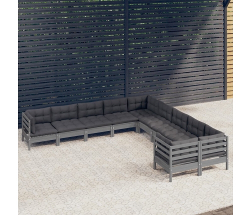 Muebles de jardín 10 pzas y cojines madera de pino gris