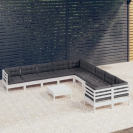 Muebles de jardín 11 pzas y cojines blanco madera de pino