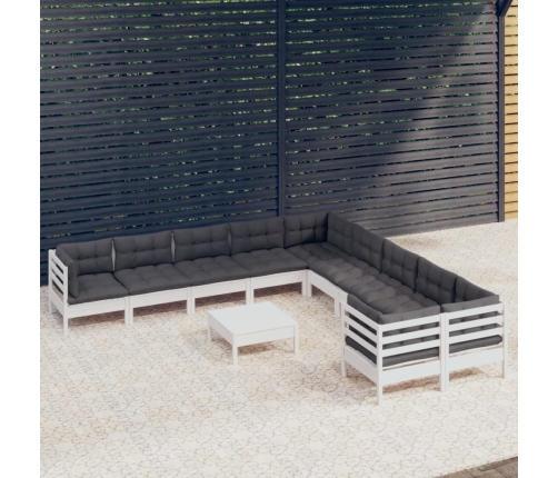 Muebles de jardín 11 pzas y cojines blanco madera de pino