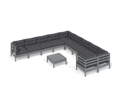 Muebles de jardín 11 pzas y cojines gris madera de pino