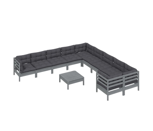Muebles de jardín 11 pzas y cojines gris madera de pino
