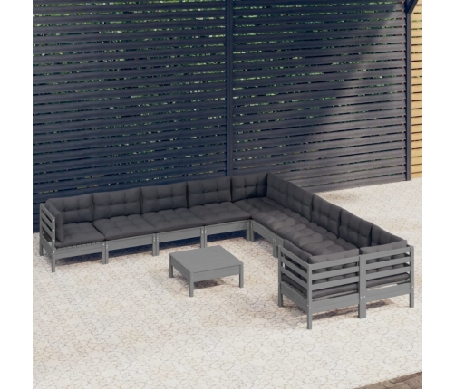 Muebles de jardín 11 pzas y cojines gris madera de pino