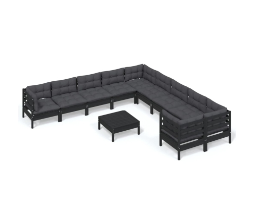 Muebles de jardín 11 pzas y cojines negro madera de pino