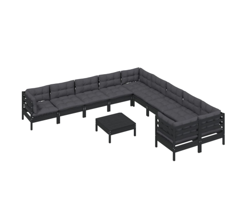 Muebles de jardín 11 pzas y cojines negro madera de pino