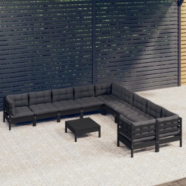 Muebles de jardín 11 pzas y cojines negro madera de pino