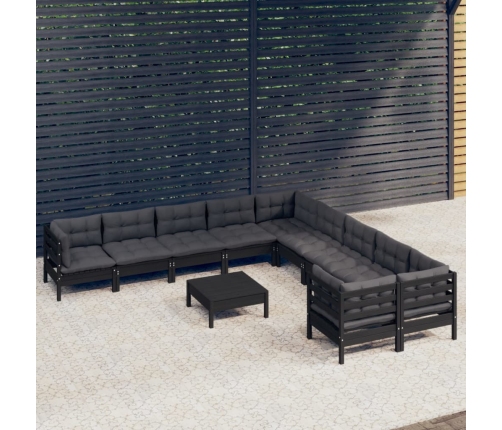 Muebles de jardín 11 pzas y cojines negro madera de pino