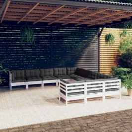 Muebles de jardín 11 pzas y cojines blanco madera de pino