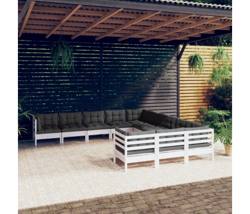 Muebles de jardín 11 pzas y cojines blanco madera de pino