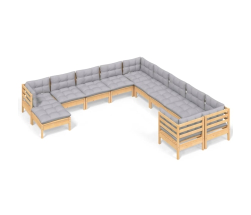 Muebles de jardín 11 pzas y cojines madera de pino gris