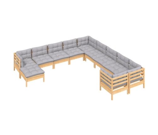 Muebles de jardín 11 pzas y cojines madera de pino gris