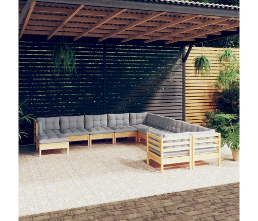 Muebles de jardín 11 pzas y cojines madera de pino gris