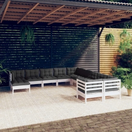 Muebles de jardín 11 pzas y cojines blanco madera de pino