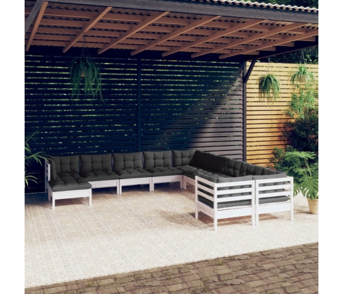 Muebles de jardín 11 pzas y cojines blanco madera de pino