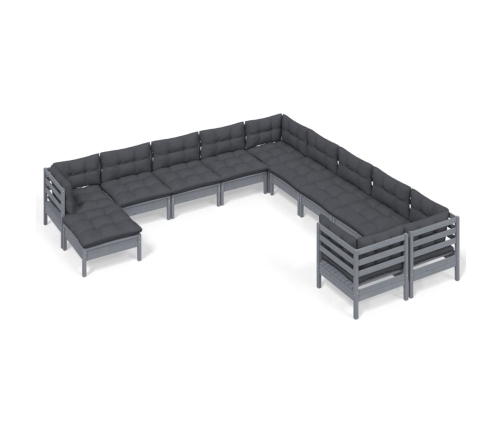 Muebles de jardín 11 pzas y cojines gris madera de pino