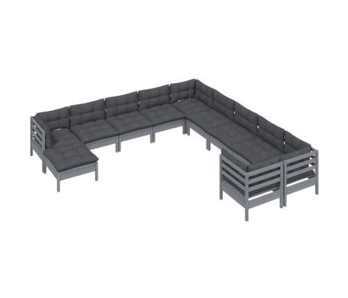 Muebles de jardín 11 pzas y cojines gris madera de pino