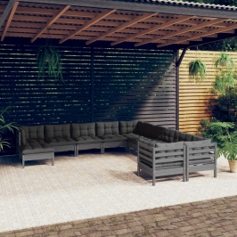 Muebles de jardín 11 pzas y cojines gris madera de pino