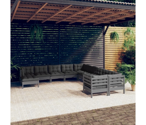 Muebles de jardín 11 pzas y cojines gris madera de pino