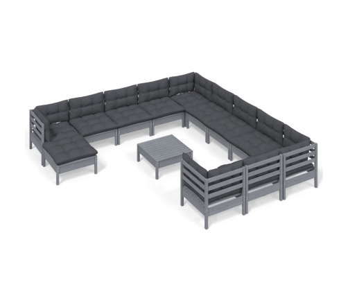 Juego de muebles de jardín 13 pzas y cojines madera pino gris
