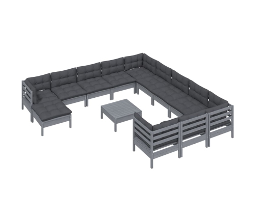 Juego de muebles de jardín 13 pzas y cojines madera pino gris
