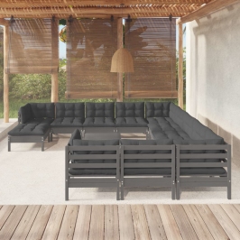 Juego de muebles de jardín 13 pzas y cojines madera pino gris
