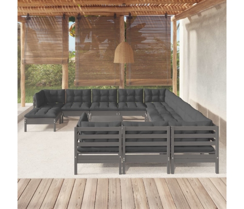 Juego de muebles de jardín 13 pzas y cojines madera pino gris