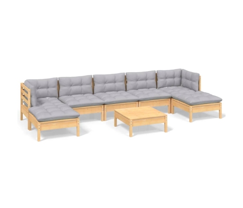 Juego de muebles de jardín 8 pzas y cojines madera pino gris