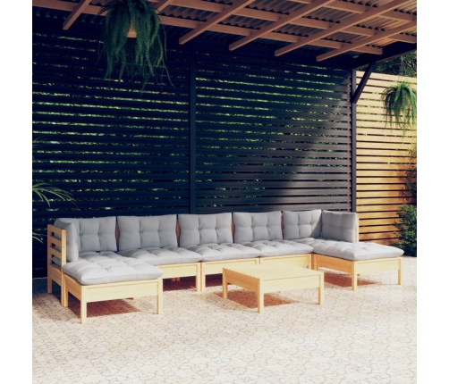 Juego de muebles de jardín 8 pzas y cojines madera pino gris